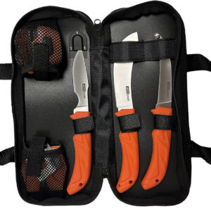 AccuSharp 738C Processing Kit  Fixed Butcher/Caping/Gutting Plain Stainless Steel Blades/Blaze Orange Non-Slip Grip 6 Piece Includes Nylon Case