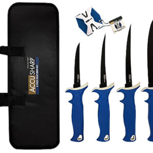 AccuSharp 737C Knife Kit  4.75/5.50/6.50/8" Fixed Fillet Plain Satin Stainless Steel Blade/ Blue Non-Slip Grip TPR Handle Includes 2-Step Sharpener