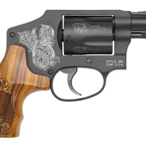 Smith & Wesson 150785 Model 442 38 S&W Spl +P 5 Shot 1.88" Engraved Black Carbon Steel Barrel/Cylinder, Engraved Black Aluminum J-Frame, Engraved Wood Grip, Mahogany Presentation Case
